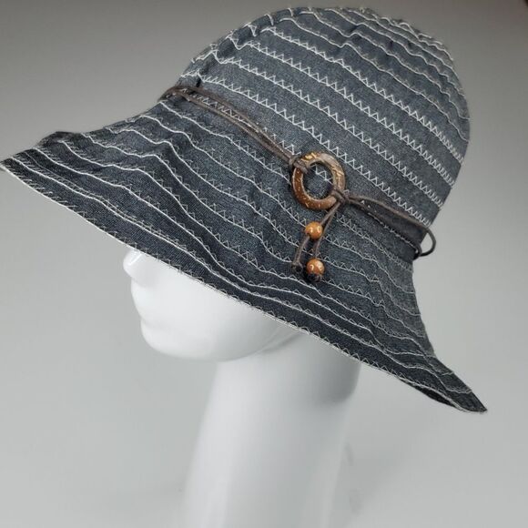 Packable * Gray Black Brown Boho WOODEN BEAD TRIM TRAVEL foldable SPF SUN HAT - Picture 1 of 7
